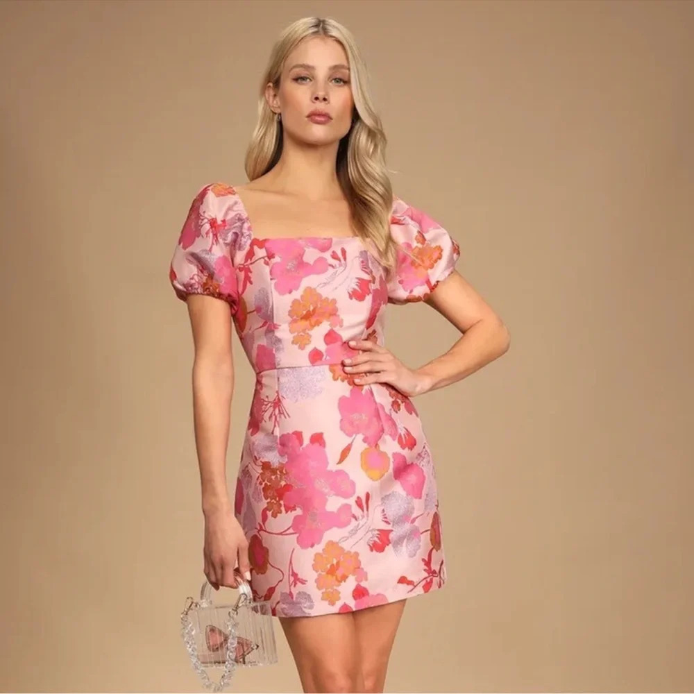So Stunning Orange Multi Floral Jacquard Puff Sleeve Mini Dress Lulus Size S NEW